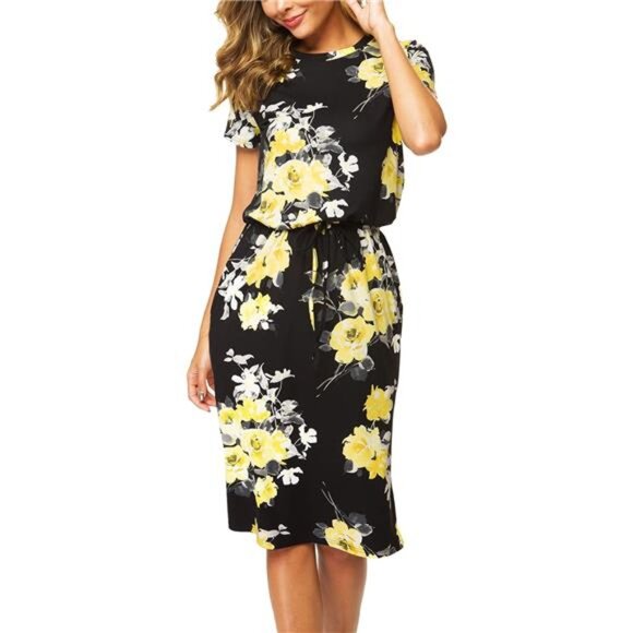 Women's Summer Blouson Dress – Knee-Length, Pocketed, Belly-Hiding Work Casual - Picture 3 of 7